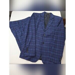 Cloud Style Men's Blue Plaid Two Piece Suit Jacket and Pants Size Large A-3714